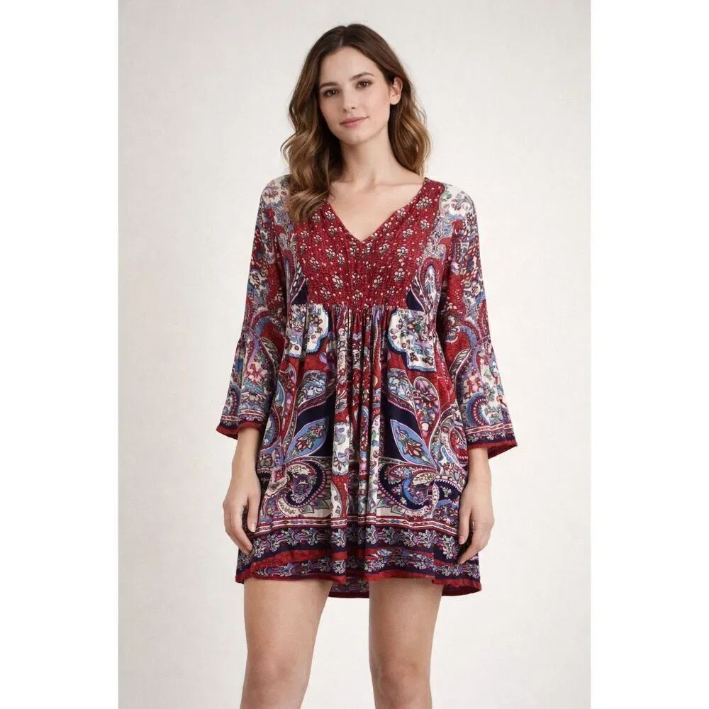 Altar’d State Boho Paisley Tunic Dress Red Multicolor Small